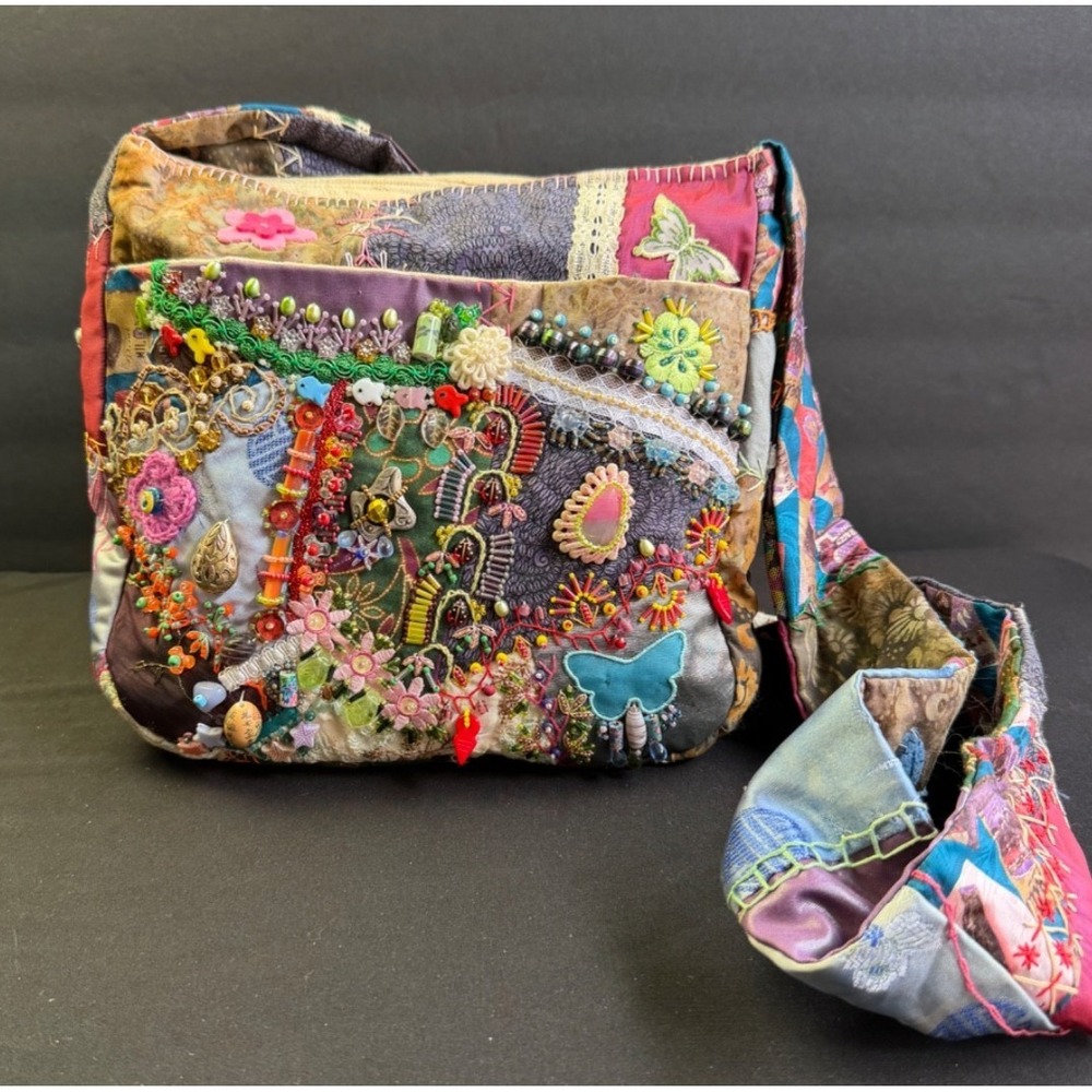 Handcrafted Boho Crazy Quilt Beaded Crossbody Bag Mixed Media Art to Wear Purse
